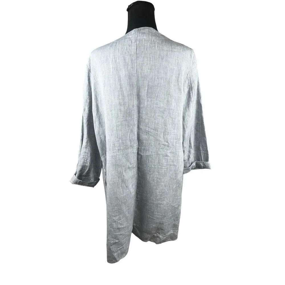 Eileen Fisher Lagenlook Women's Medium 100% Linen Chambray Long blue cardigan